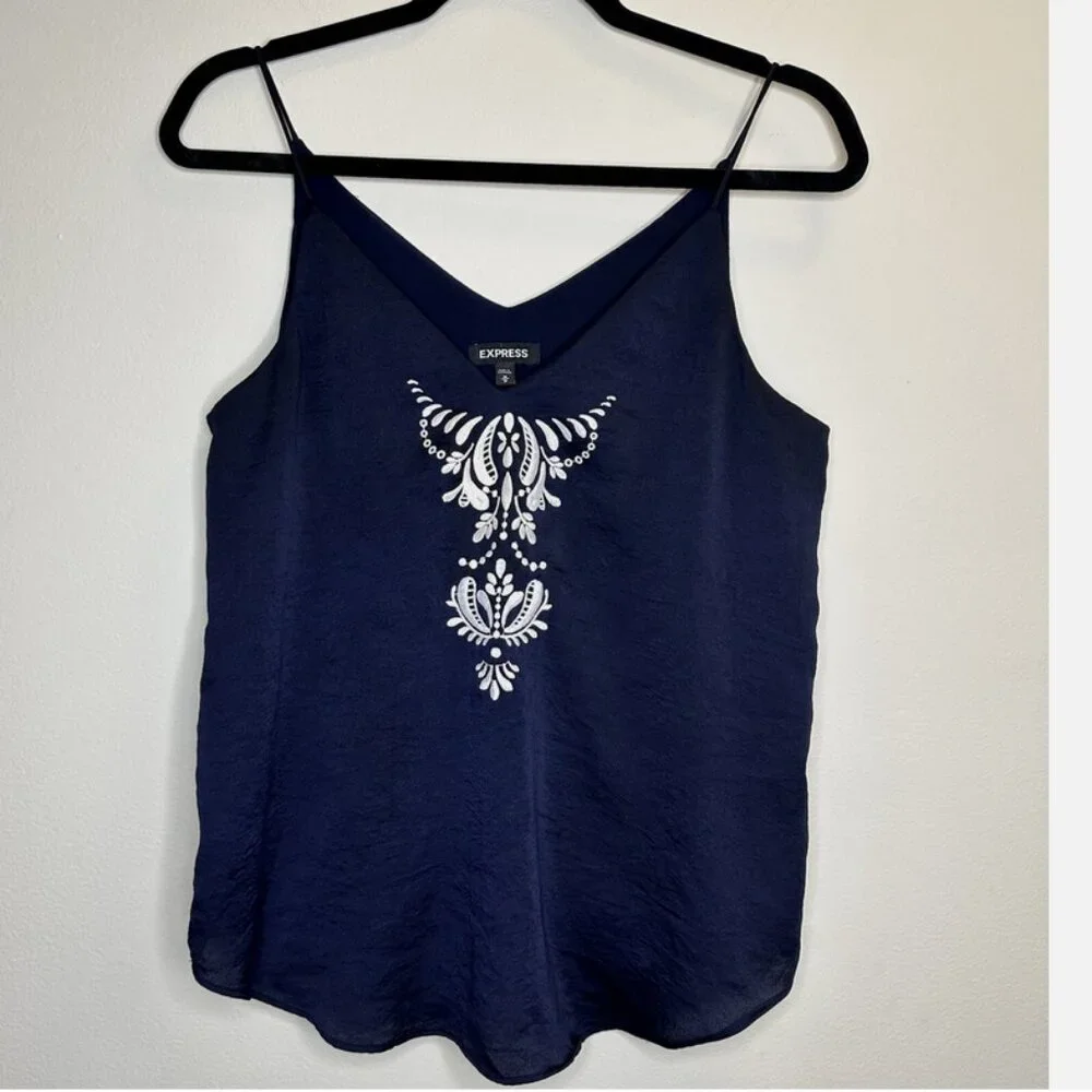 Express Dark Blue Floral Embroidered Strappy Top Tank - Picture 1 of 4
